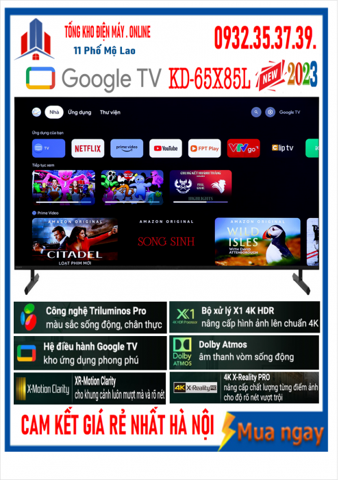 Google Tivi Sony 4K 65 inch KD-65X85L [ 65X85L] MỚI 2023