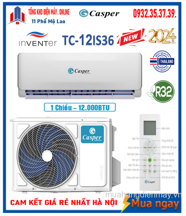 Điều hòa Casper Inverter 12000 BTU 1 chiều TC-12IS36 gas R-32 NEW 2024