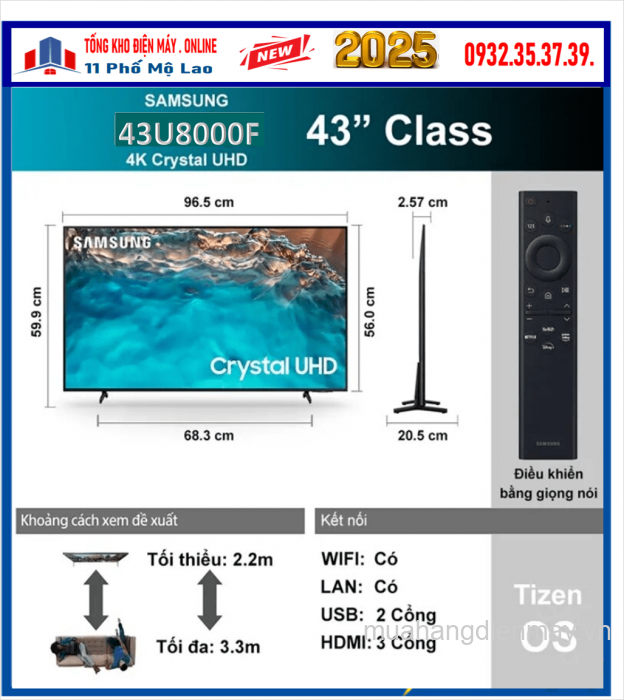 Smart Tivi Samsung Crystal UHD 4K 43 inch UA43U8000F NEW 2025