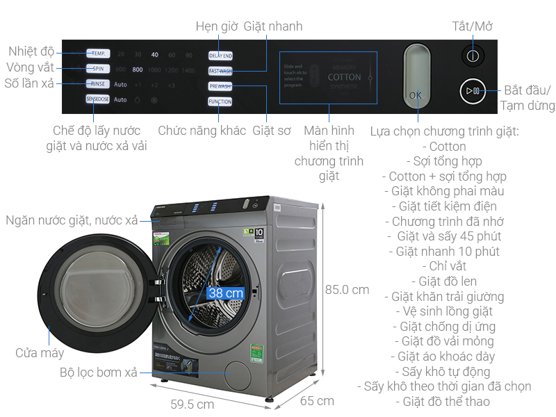 Máy giặt sấy 8 Kg Toshiba TWD-BH90W4V(SK) lồng ngang Inverter mới 2019