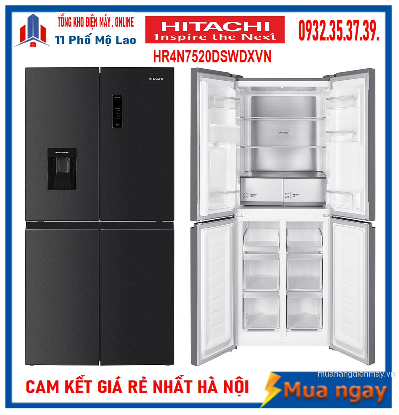 Tủ Lạnh Hitachi Inventer 4 Cánh Ngăn Đông Dưới 464L Lấy nước ngoài HR4N7520DSWDXVN Mới 2023