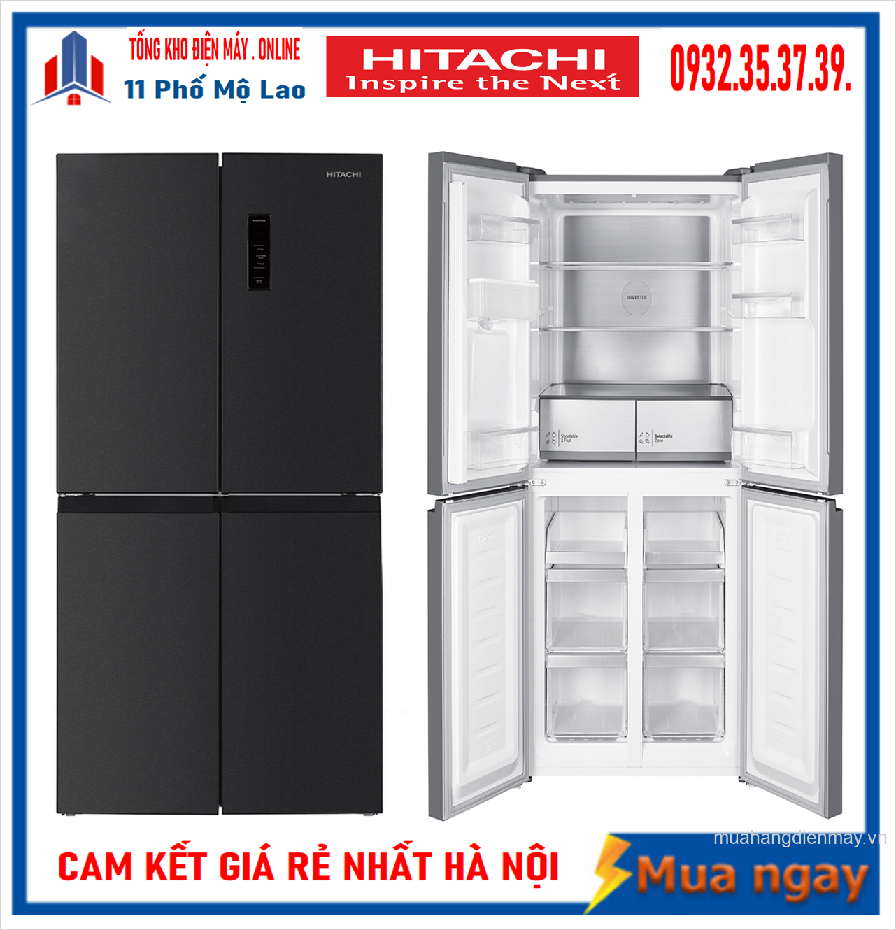 Tủ Lạnh Hitachi 4 Cánh Ngăn Đông Dưới 466L Inventer HR4N7522DSDXVN Mới 2023