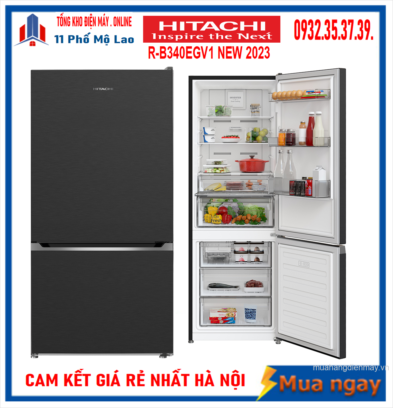Tủ lạnh Hitachi Inverter 323 lít Ngăn đông dưới R-B340PGV1 Mới 2023
