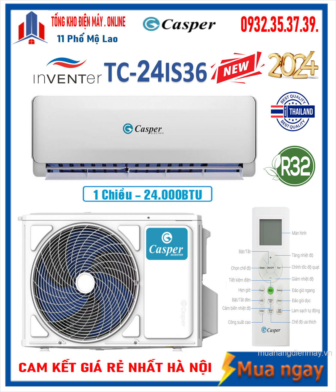 Điều hòa Casper Inverter 24000 BTU 1 chiều TC-24IS36 gas R-32 NEW 2024