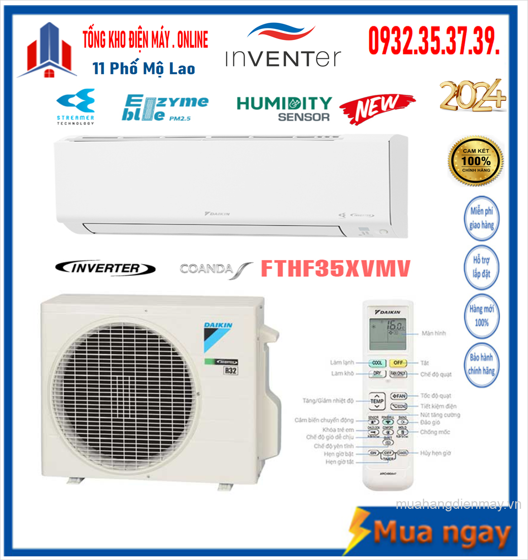 Điều hòa Daikin 2 chiều 12000BTU inverter gas R32 FTHF35XVMV Mới 2024