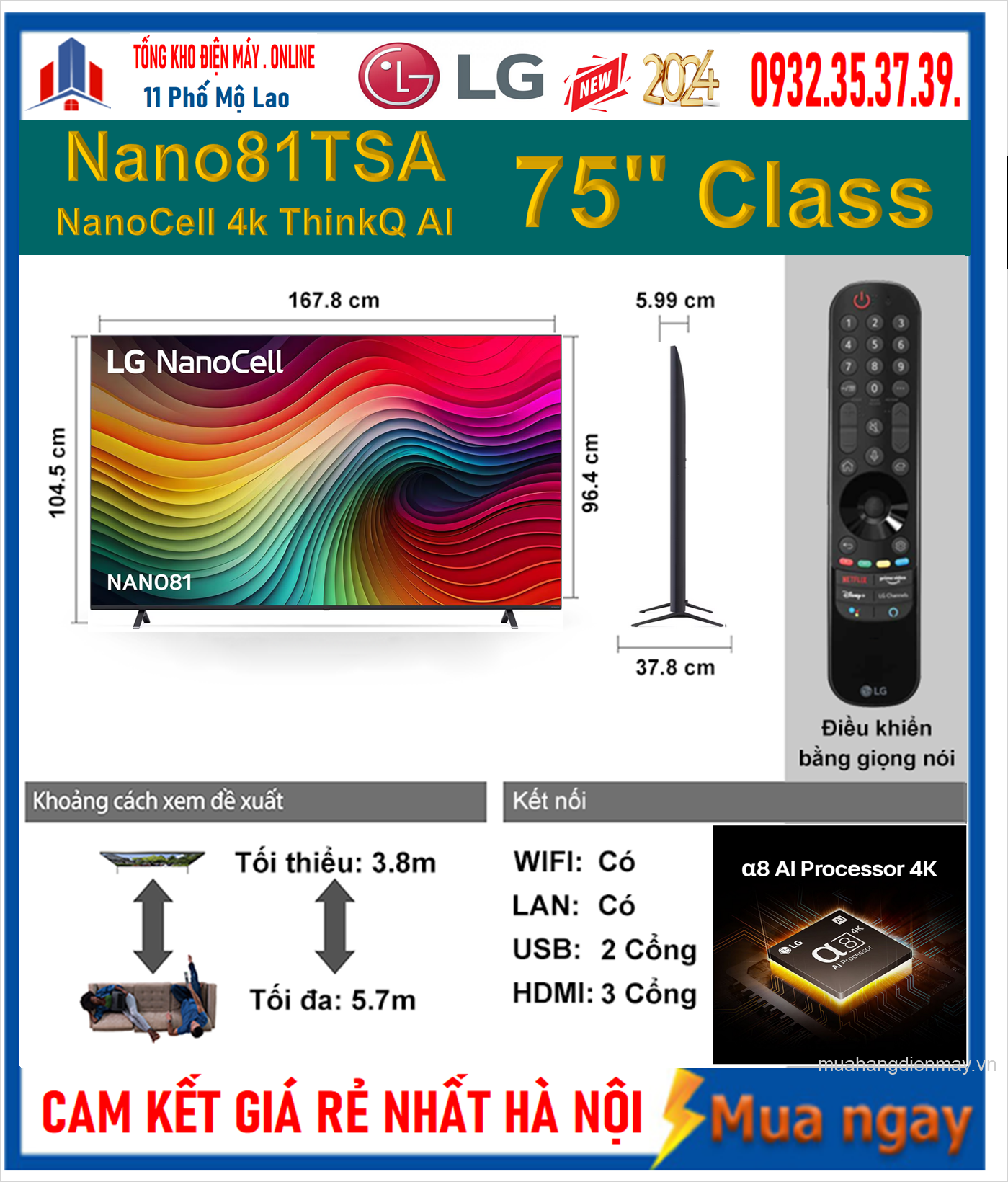 Smart Tivi NanoCell LG 4K 75 inch 75NANO81TSA Mới 2024